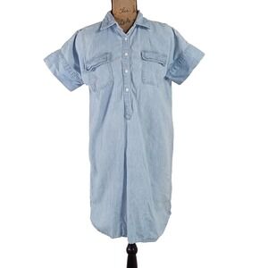 Chaps Jean Dress MED Blue Pocket Flaps 1/2 Button Short Sl Shift Collar Tunic
